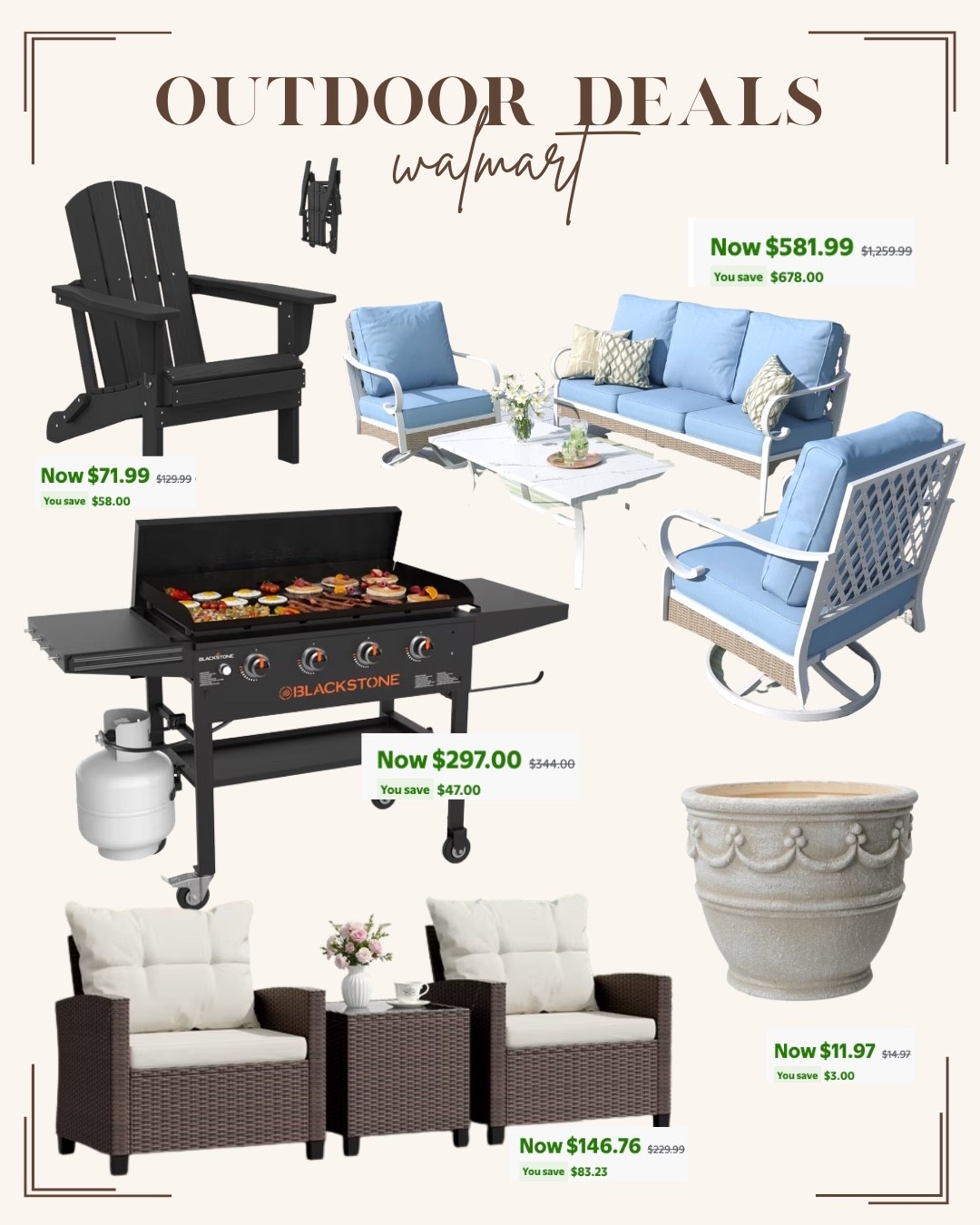 Outdoor deals from Walmart // Adirondack chairs// patio seating // Blackstone griddle // planter // patio furniture

#LTKHome