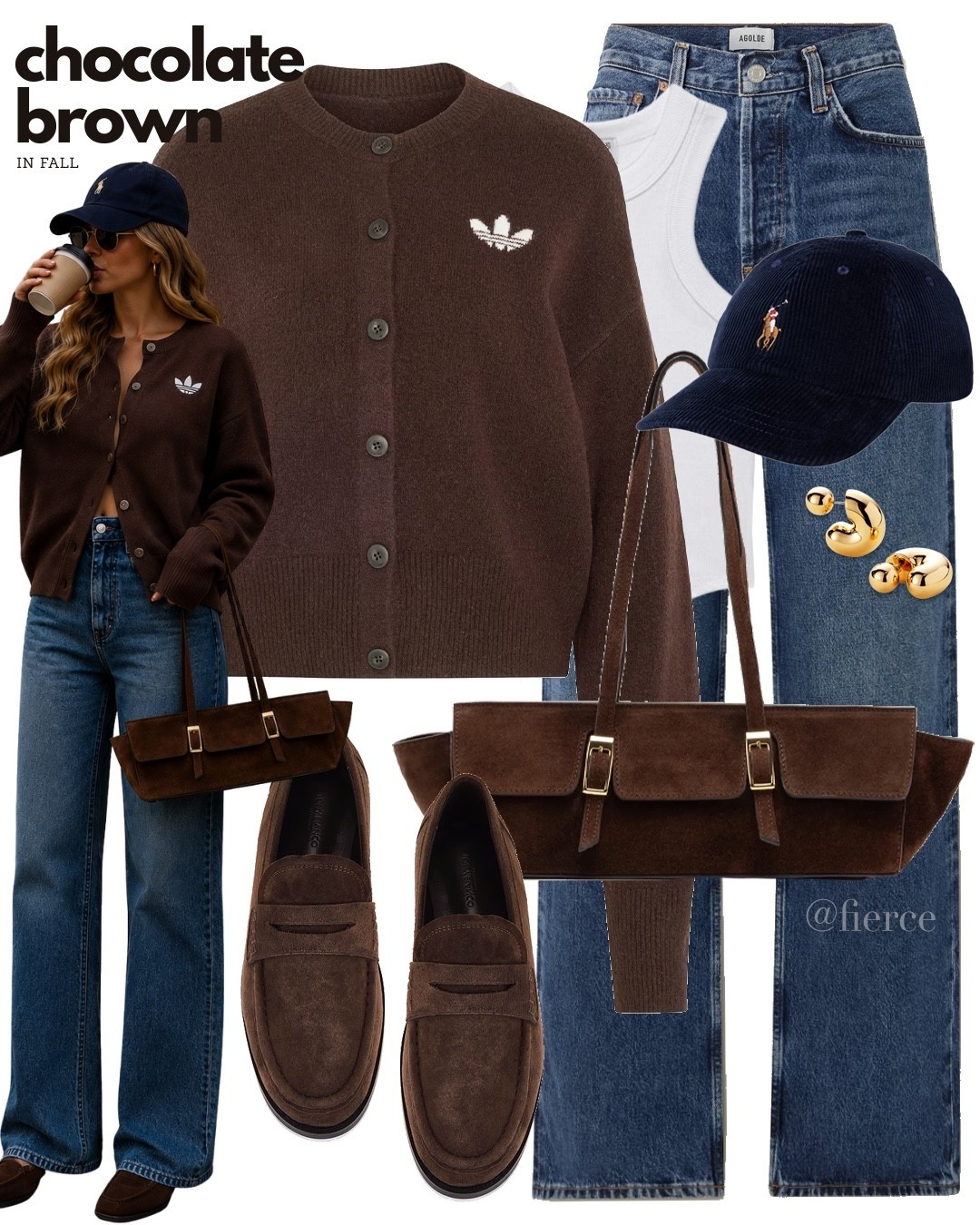 Chocolate brown Adidas cardigan mud blue jeans suede east west bag chocolate suede loafers navy baseball cap

#LTKuk #LTKautumn #LTKeurope