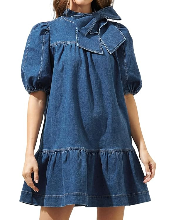 Women Summer Puff Short Sleeve Denim Dress Mock Neck Babydoll Jean Dress with Bow | Amazon (US)
