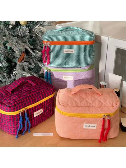 1 pezzo Borsa da trucco stile coreano a quadri, grande borsa da viaggio per cosmetici da donna, o... | SHEIN