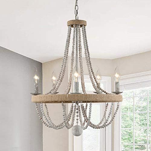 French Country Chandelier for Dinning Room, Wooden Bead Tassel Farmhouse Chandelier, Hemp Ropes Wrap | Amazon (US)