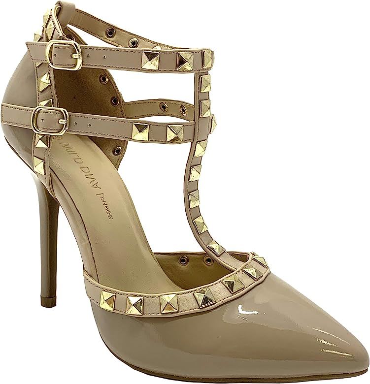 Womens Pointy Toe Gold Stud Strappy Ankle T-Strap Stiletto Heel Pump Sandal | Amazon (US)