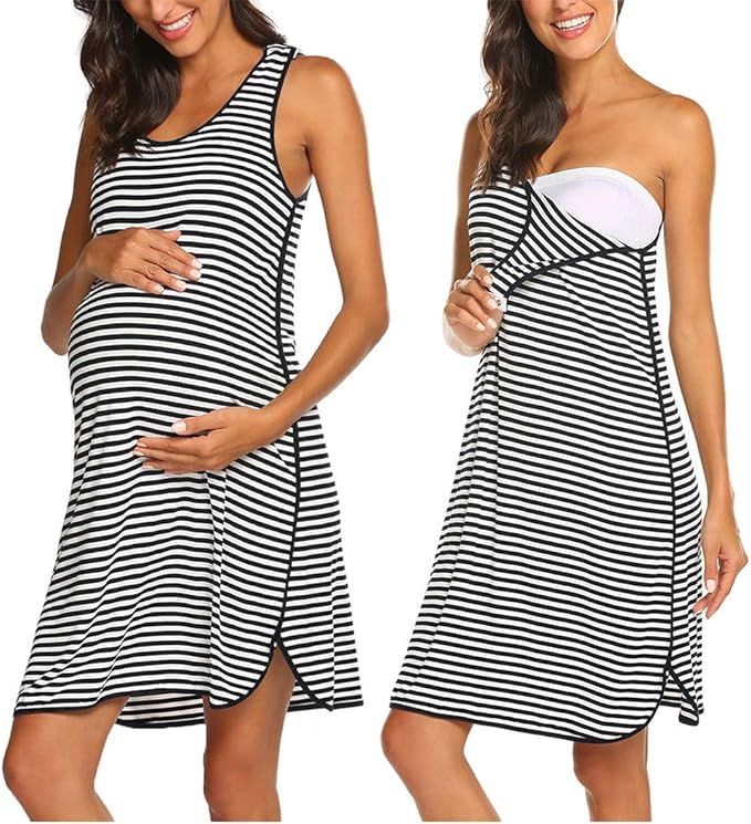 Ekouaer Women's Maternity Sleeveless Dress Striped Nightgown Pregnancy Gown for Breastfeeding | Amazon (US)