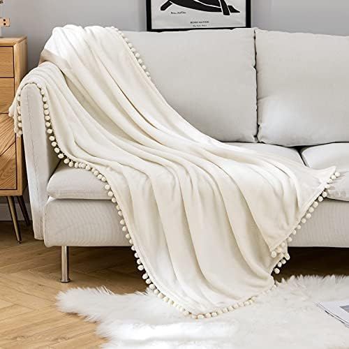 MIULEE Fleece Throw Blanket with Pompom Tassel Soft Flannel Cozy Cream White Bed Blanket Fuzzy Plush | Amazon (US)