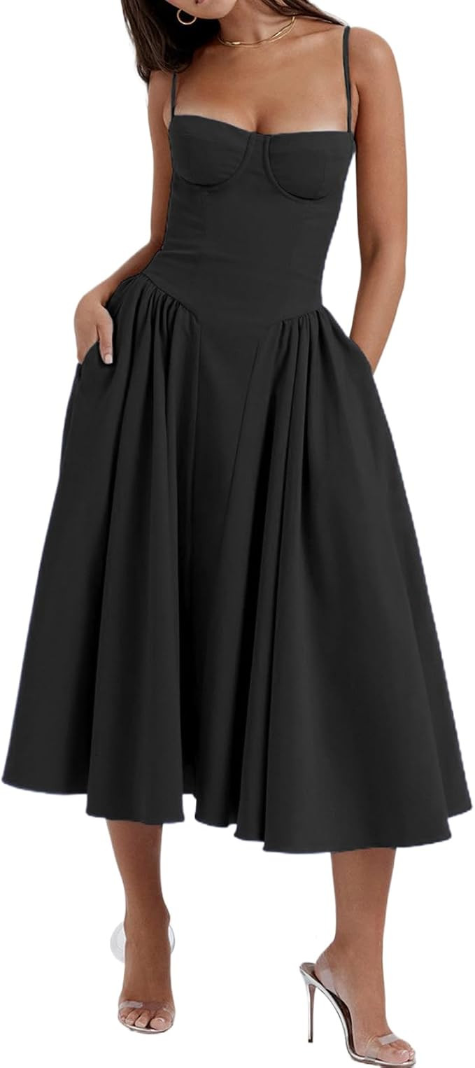 Women's Corset Dress Vintage Spaghetti Strap A-Line Midi Elegant Bustier Cocktail Party Evening T... | Amazon (US)