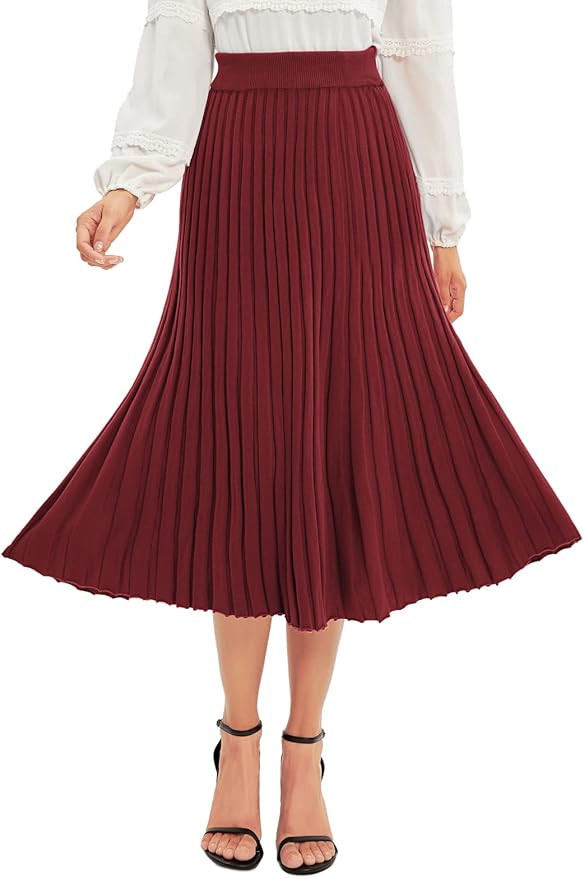 GRACE KARIN Women's High Waist Pleated Flared A-line Ribbed Knit Midi Skirt | Amazon (US)