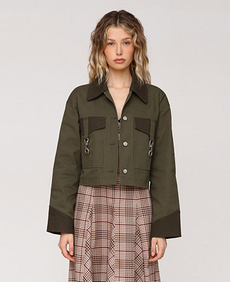 Avec Les Filles Women's Oversized Combo and Clasp Pockets Cropped Trucker Jacket - Macy's | Macy's