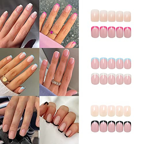 6 Packs (144 Pcs) French Tip Press on Nails Short, Misssix Short Square Fake Nails Glue on Nails Set with Adhesive Tabs Nail File for Women (G1) | Amazon (US)