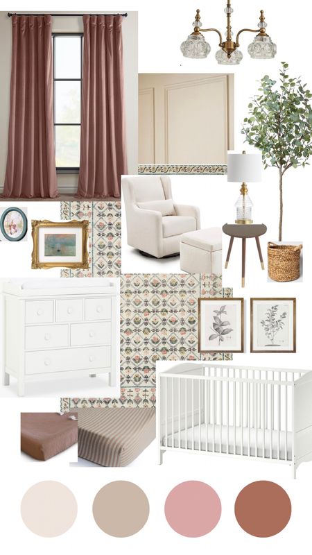 Mood board for a baby girl nursery!

Rifle Paper Co Eden Lattice Rug
Rose velvet curtains
Beige nursery rocker and ottoman
Eucalyptus tree
Changing table
Vintage style chandelier
Vintage style lamp
Muslin crib sheet
Muslin changing pad cover
End table with brass feet
Beatrix Potter print
Botanical print
Brass frame
Basket planter