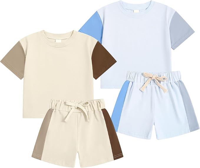 4Piece Baby Boys Summer Set Toddler Cotton Outfits 2 Short-Sleeve Tops + 2 Shorts | Amazon (US)