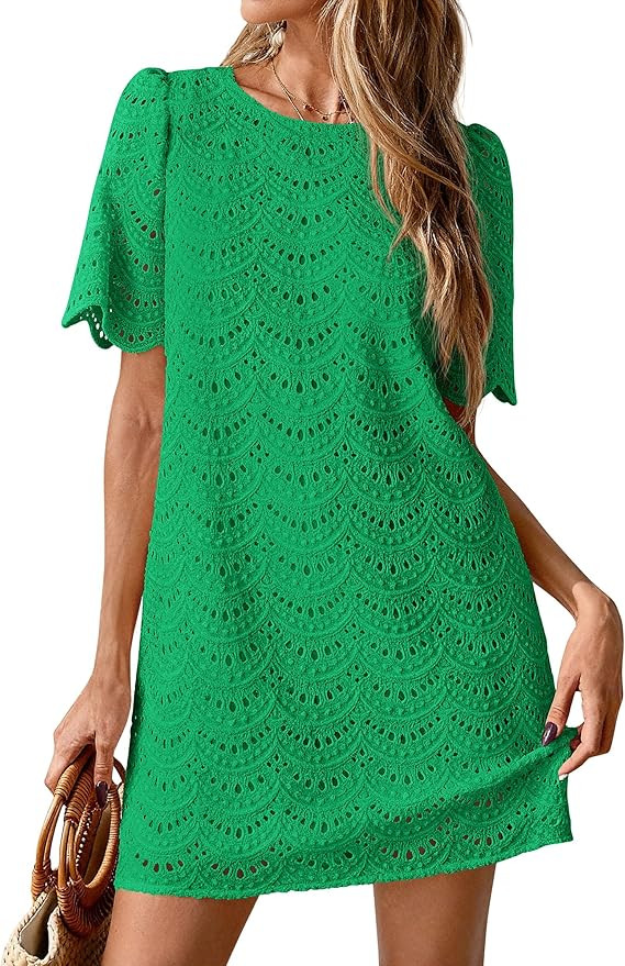 PRETTYGARDEN Women's 2026 Summer Casual Short Dresses Embroidered Lace Short Sleeve Boho Mini Dre... | Amazon (US)