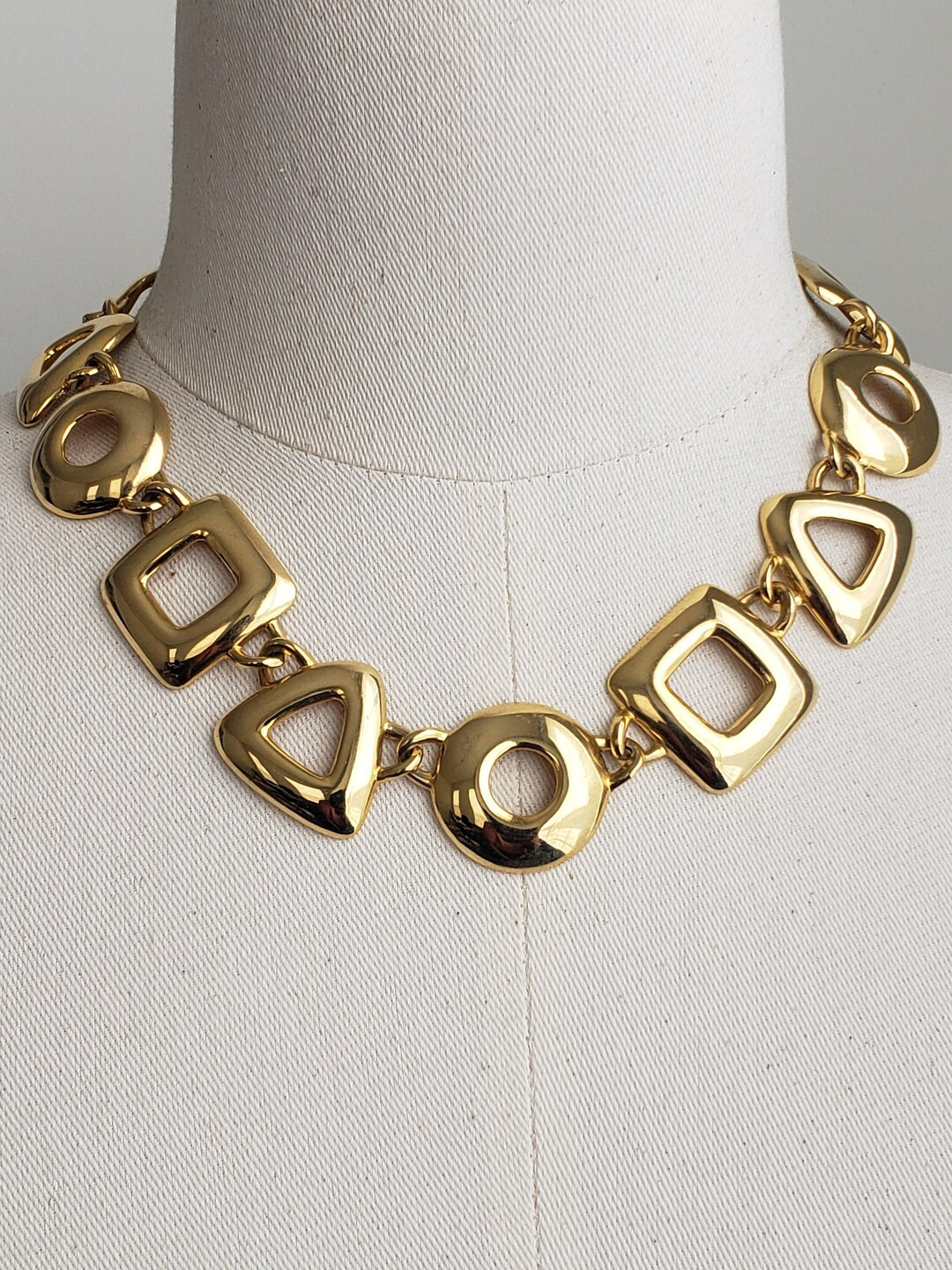 Vintage Large Circle Square Triangle Shiny Liquid Gold Link Chain Necklace, Chunky 18" Gold Chain... | Etsy (US)