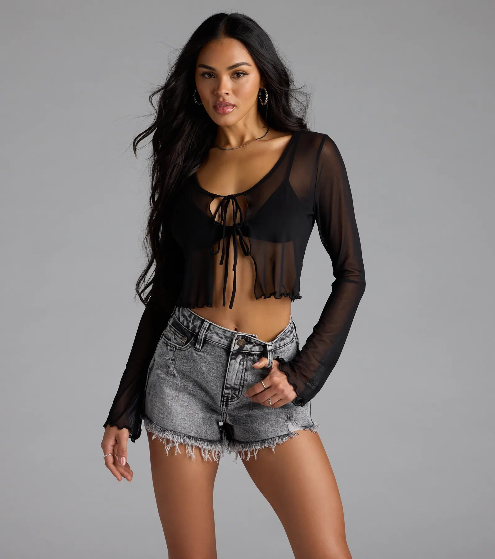 Sultry Take Tie-Front Long Sleeve Crop Top | Windsor Stores