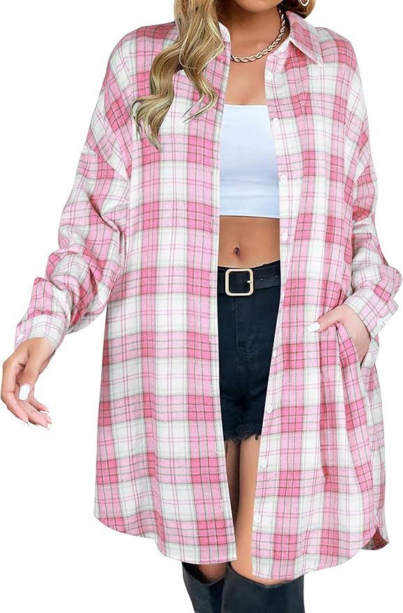 Blooming Jelly Women's Button Down Flannel Shirts Plaid Shacket Long Sleeve Collared Long Jacket ... | Amazon (US)