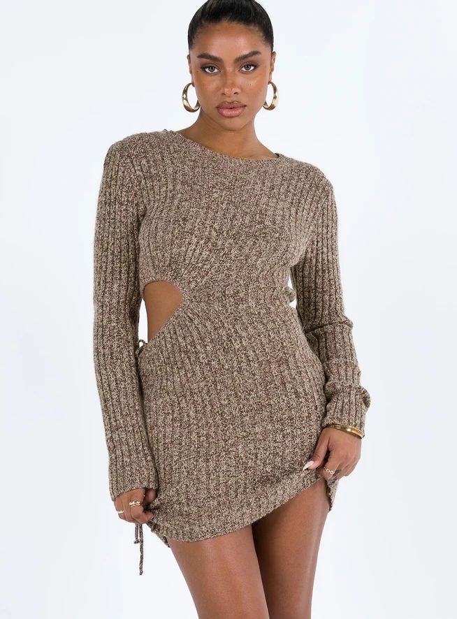 Agena Long Sleeve Mini Dress Brown | Princess Polly US