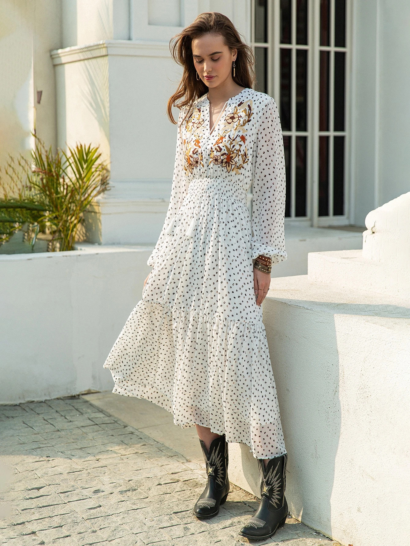 Rusttydustty Tie Neck Shirred Waist Floral Embroidery Allover Print Dress | SHEIN