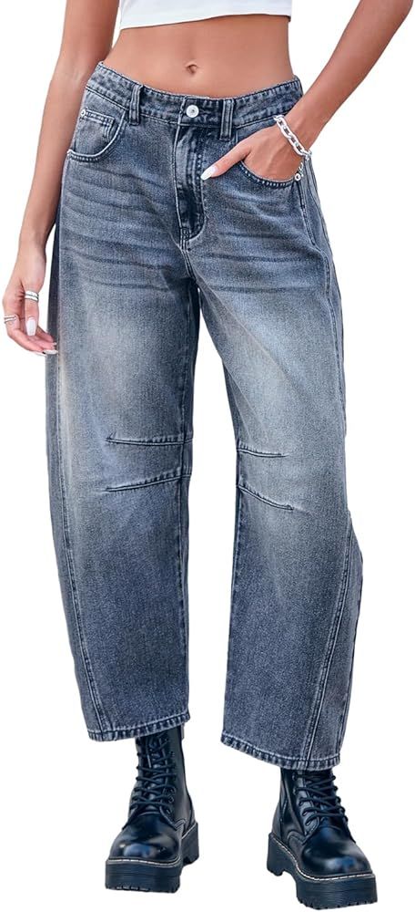 Mid Rise Barrel Jeans for Women Wide Leg Mid Waist Cropped Denim Pants Y2k Baggy Boyfriend Jeans ... | Amazon (US)