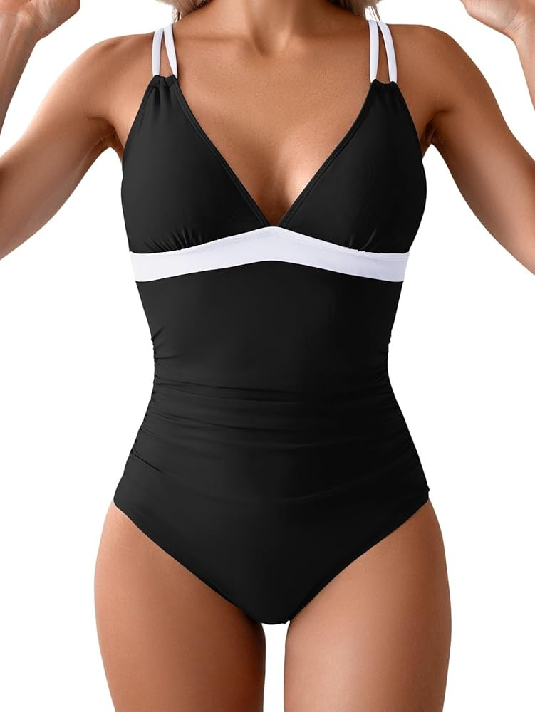 Slimming One Piece Swimsuits for Women Tummy Control Bathing Suit V Neck Double Straps 1 Piece Sw... | Amazon (US)