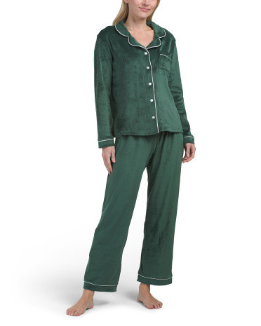 2pc Velour Notched Collar Long Sleeve Pajama Top And Pants Set | TJ Maxx