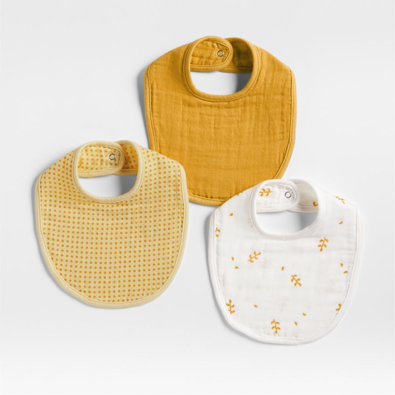 Mixed Print Savannah Yellow Organic Cotton Gauze Baby Bib, Set of 3 | Crate & Barrel