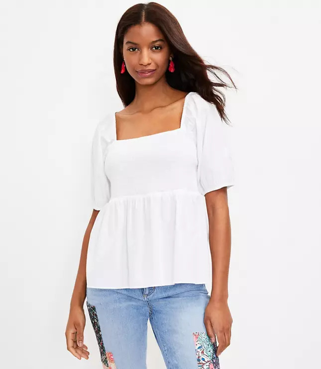 Smocked Puff Sleeve Peplum Top | LOFT