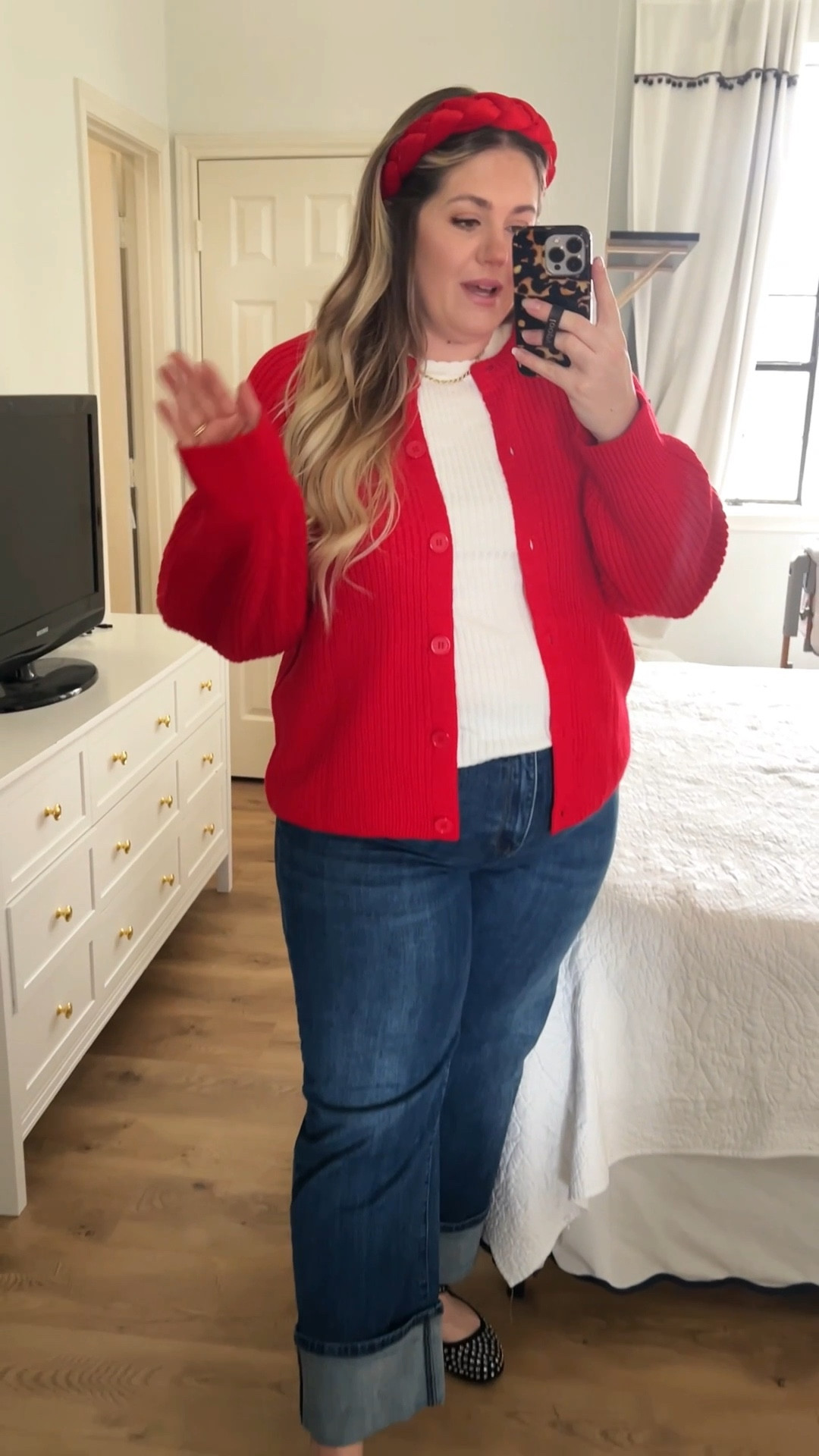 What I wore for Christmas cookie baking 🎄🍪 Love this festive red sweater for the holidays, but you can also wear it into the new year! 

Midsize holiday outfit, classic red cardigan, cozy winter layering, everyday festive look, casual Christmas outfit, red and white outfit inspiration, timeless preppy style, grandmillennial fashion, Ralph Lauren inspired outfit, comfortable mom outfit, postpartum style, easy holiday dressing, neutral bedroom mirror selfie, wide leg cuffed jeans, mary jane flats, headband outfit trend, casual winter fashion, wearable holiday look, cozy chic outfit, classic American style, effortless seasonal outfit

#LTKootd #LTKMidsize #LTKHoliday