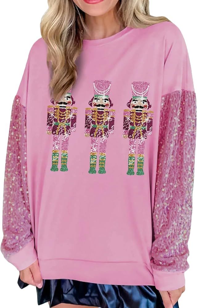Aonoapll Women Christmas Nutcracker Sweatshirt Sequin Embroidered Oversized Sweater Long Sleeve P... | Amazon (US)