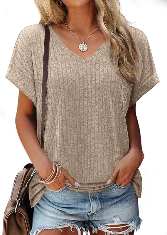 JUSTFASHIONNOW Summer Tops for Women 2026 V Neck Sweater Dolman Short Sleeve Shirts Dressy Casual... | Amazon (US)