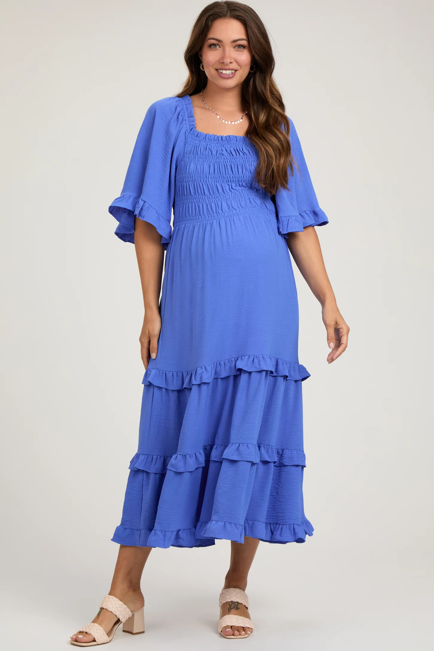 Royal Smocked Ruffle Tiered Maternity Midi Dress | PinkBlush Maternity