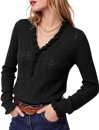 Women's V Neck Crochet Knit Top Long Sleeve Hollow Out Sweater | Amazon (US)