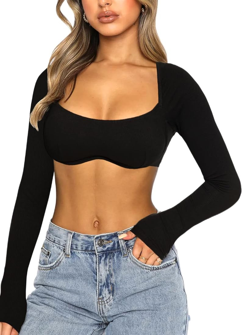 Women Long Sleeve Crop Tops Going Out Top Ribbed Corset Tops Square Neck Club Party Fall Tee Shir... | Amazon (US)