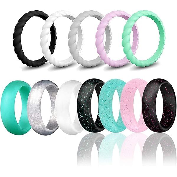 SkullParty Silicone Wedding Ring Bands for Women 10 Pack Size 5 6 7 8 9 Womens Thin Stackable & Flas | Amazon (US)