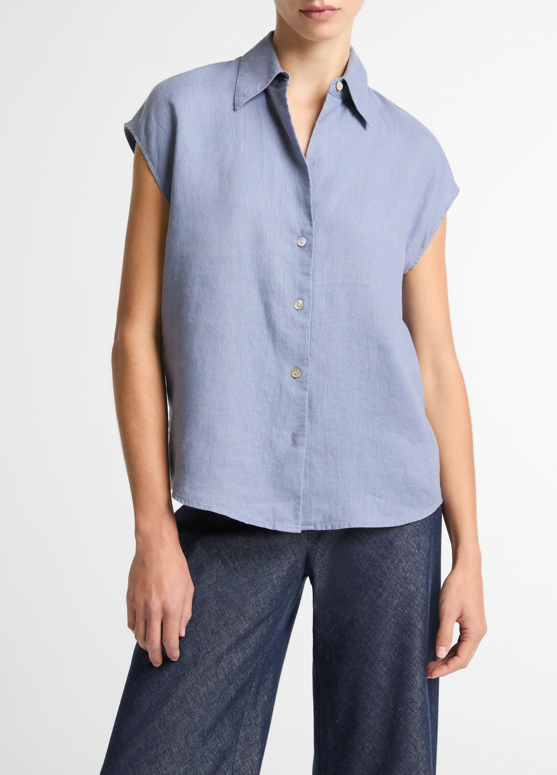 Women's Linen Cap-Sleeve Button-Front Blouse, Azul, Size S Vince | Vince LLC