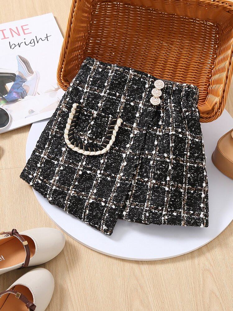 Toddler Girls Plaid Button Detail Tweed Skirt | SHEIN