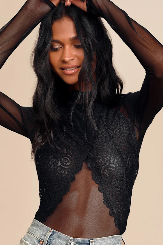 Show Stopping Black Sheer Lace Long Sleeve Bodysuit | Lulus