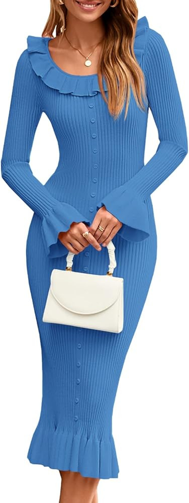 Wenrine Womens Bodycon Midi Sweater Dress Casual Ribbed Knit Bell Long Sleeve Ruffle Crewneck Dec... | Amazon (US)