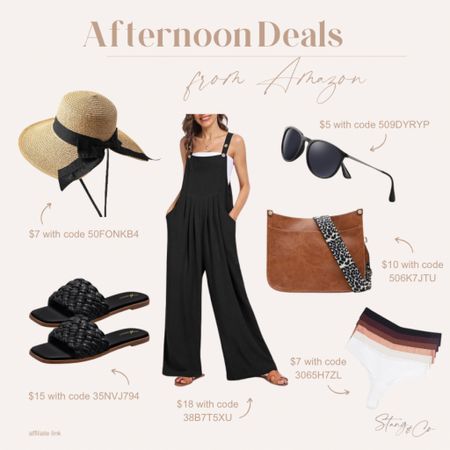 Afternoon deals from Amazon include a wide leg jumpsuit, sun hat, woven flat sandals, sunglasses, a crossbody purse, and a pack of thong underwear. Remember to use the codes on the image at checkout!

Ootd, tall friendly outfit, summer outfit, spring outfit,  Amazon fashion

#LTKfindsunder50 #LTKshoecrush #LTKsalealert