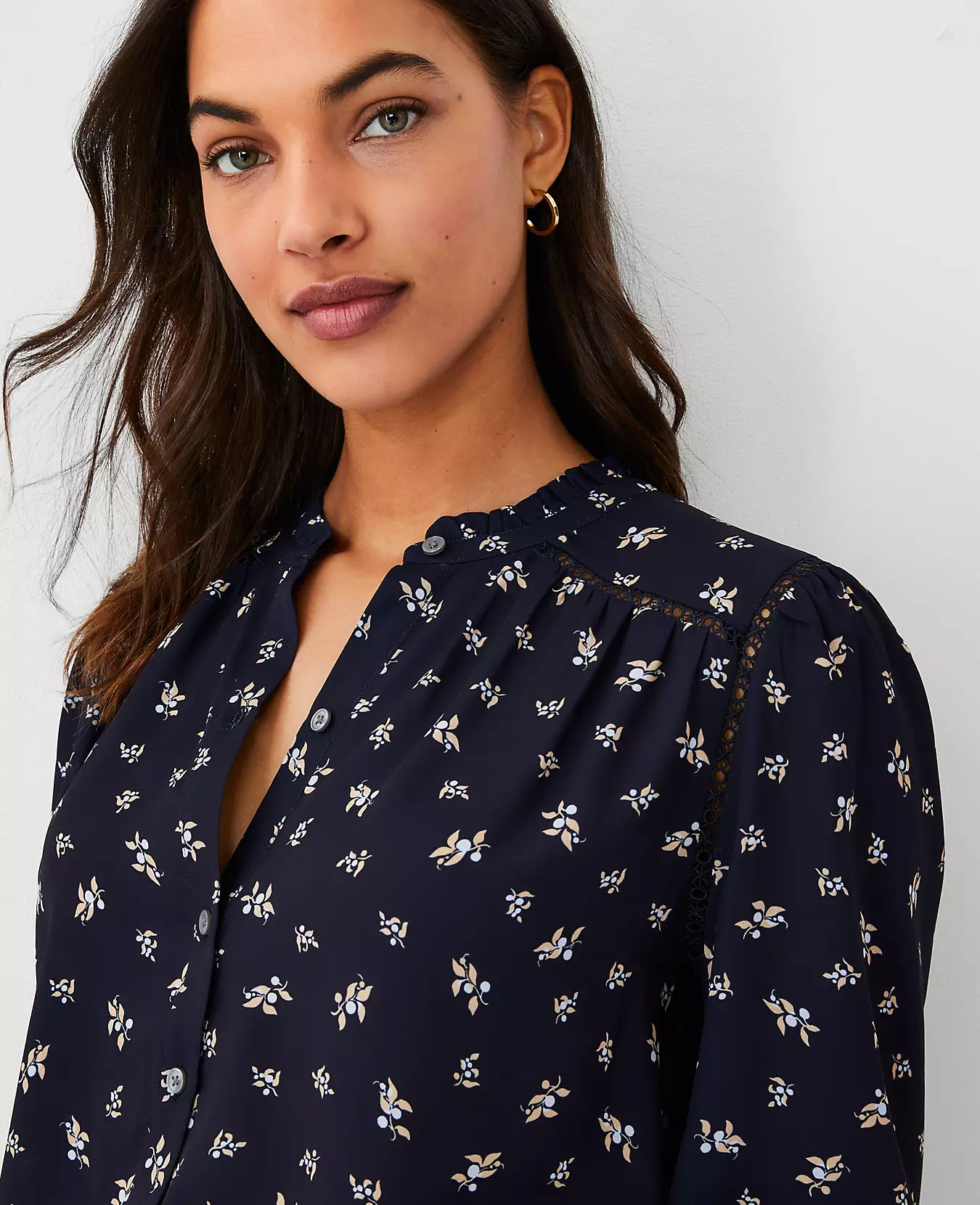Floral Lace Cutout Mixed Media Ruffle Neck Blouse | Ann Taylor (US)