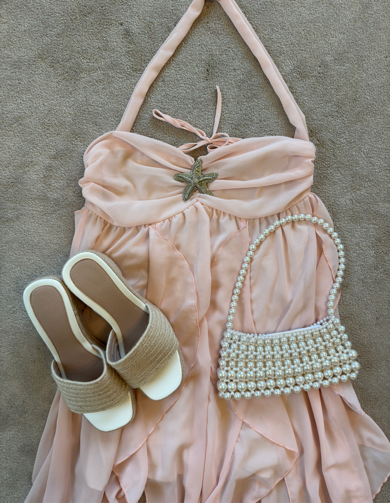 shein summer dresses,
vacation dress, flowy pink dress, beach dress, starfish, pearl purse, summer sandals 