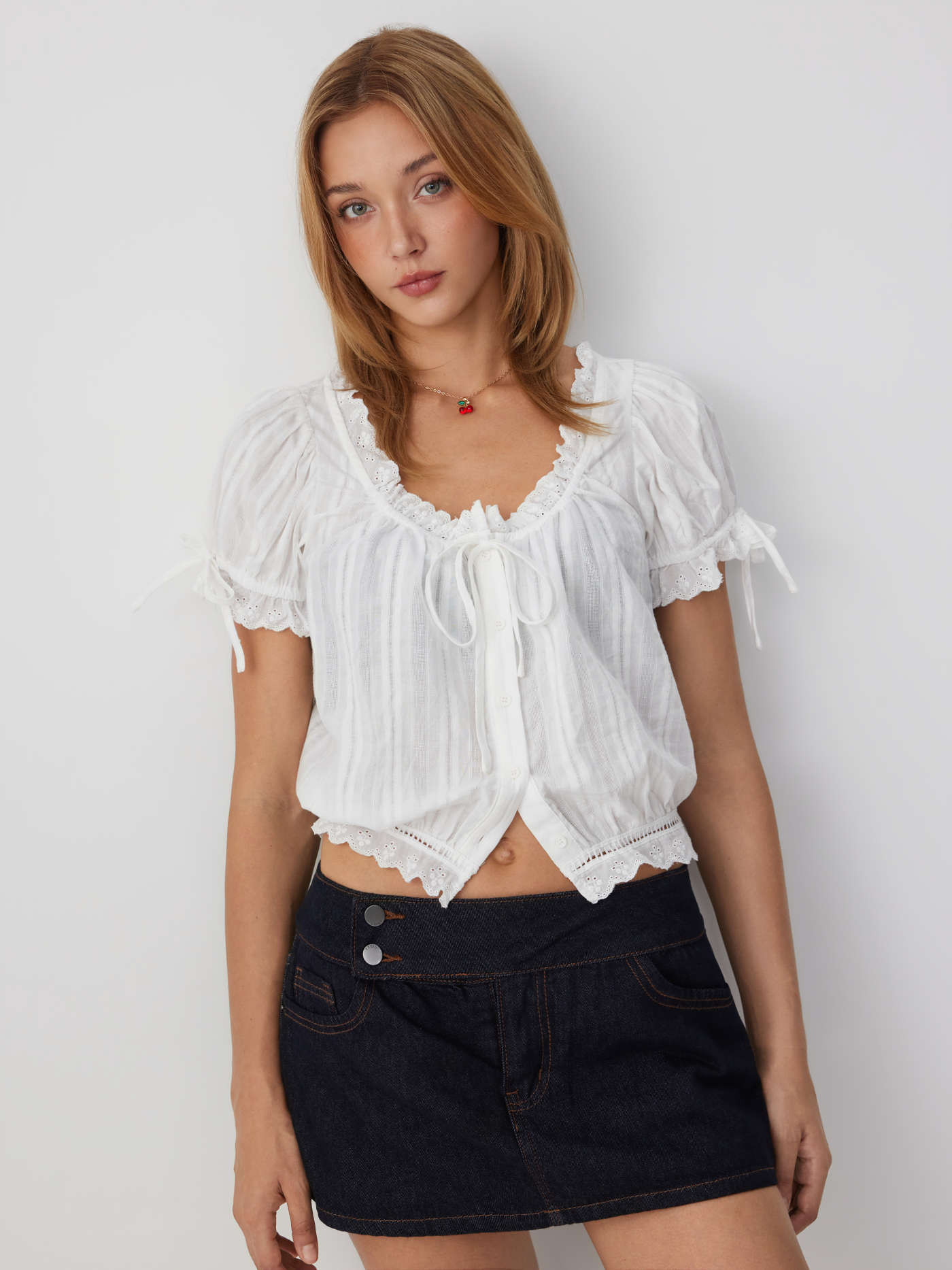 Cotton-blend Square Neck See-Through Broderie Anglaise Button Blouse $32.90Flash Shipping | Cider