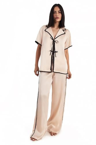 Nasty Gal Satin Tie Detail Shirt and Pant Pajama Set | Amazon (US)