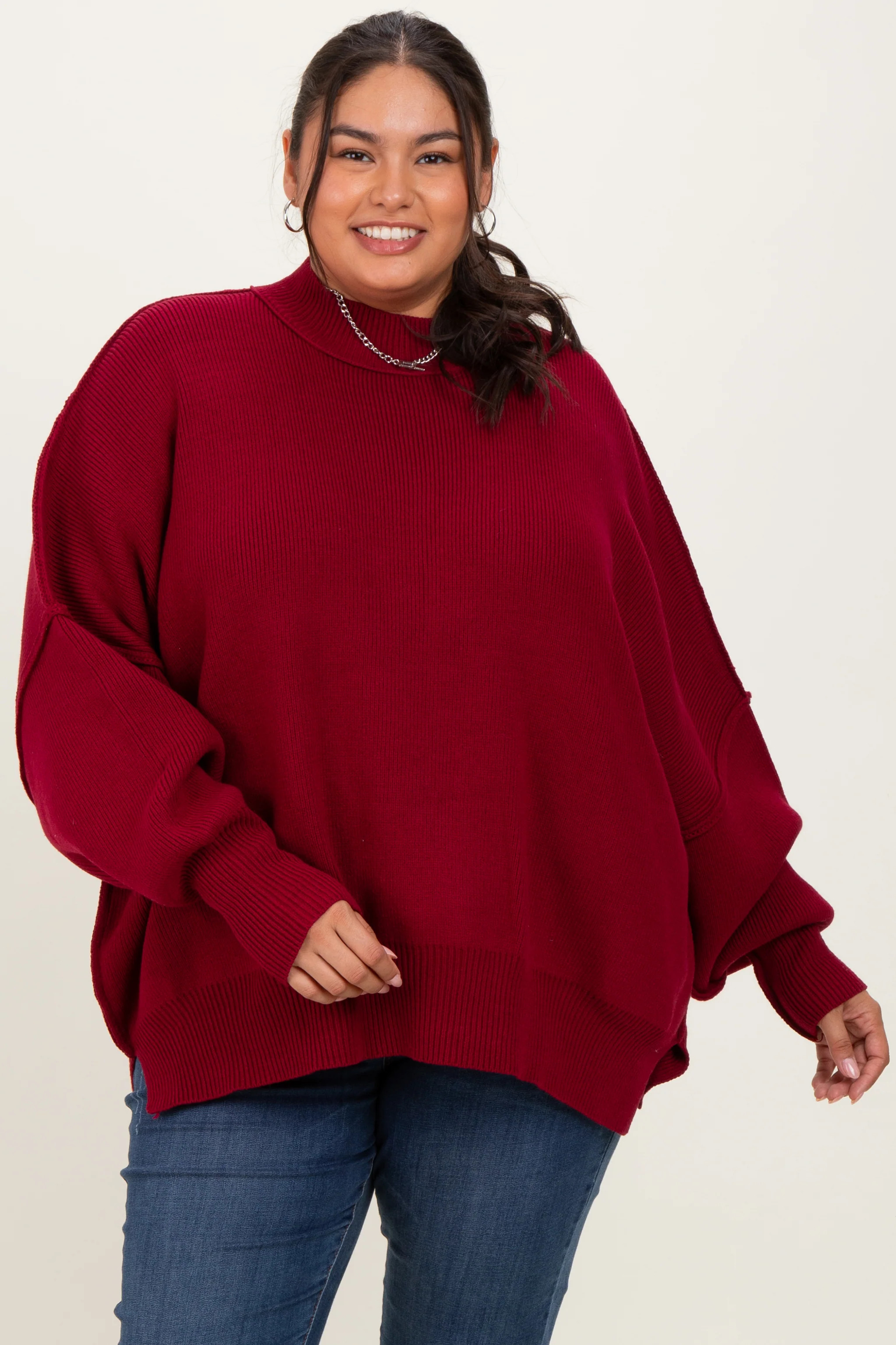 Burgundy Mock Neck Exposed Seam Sweater | PinkBlush Maternity
