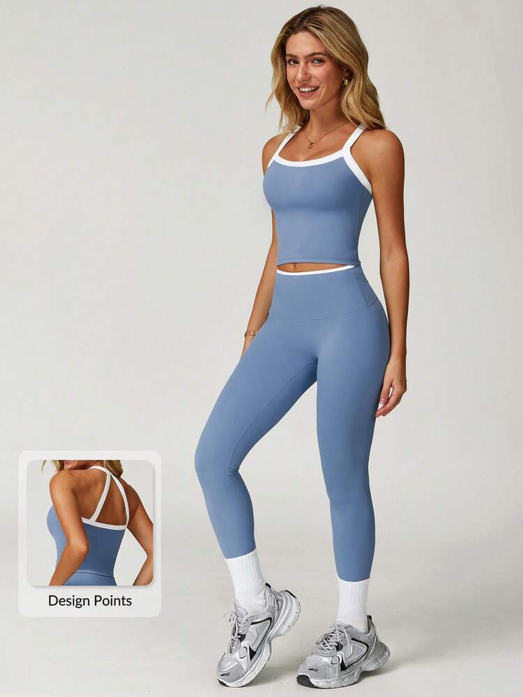  [Store Shopped] MASKERT 2pcs Women's Sports Set, Vest & Leggings, Fitness Yoga Workout Clothes, Tight Stretchy Tracksuit, Comfortable Skin-Friendly, Suitable For Workout And Leisure Wear | SHEIN
