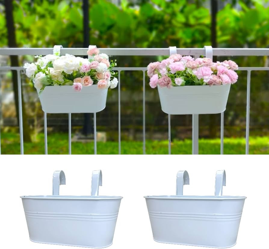 LaLaGreen Rail Planters for Outdoor (2 Pack, 11.2 Inch) White Metal Iron Hanging Flower Pots, Str... | Amazon (US)