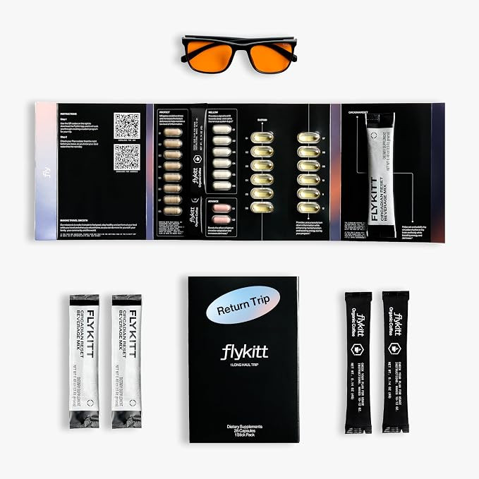 Flykitt Jet Lag Prevention Kit | Complete Travel Essentials with App-Guided Supplement Schedule &... | Amazon (US)