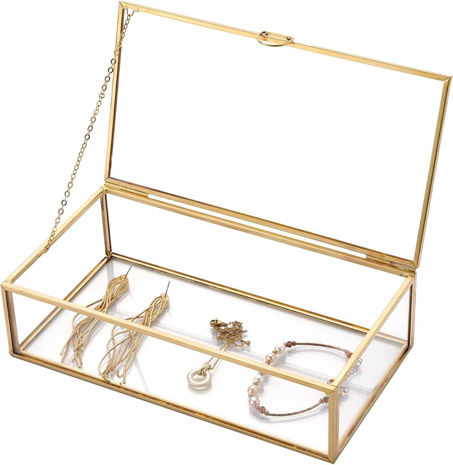 7.8" Golden Vintage Glass Keepsake Box | Jwelry Lidded Box Decorative Glass Golden Boxes for Disp... | Amazon (US)