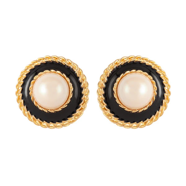 1990s Vintage Black Enamel and Faux Pearl Clip-On Earrings | Susan Caplan