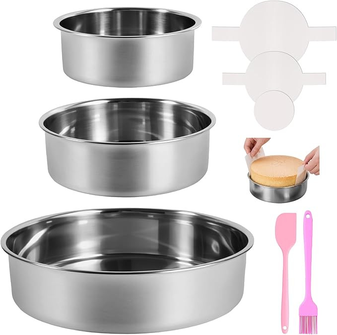3-Piece Round Cake Pan Set with 150 Parchment Paper Liners, 4 6 8 Inch Stainless Steel Baking Pan... | Amazon (US)