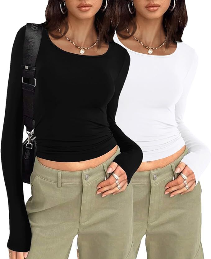 BTFBM Womens Long Sleeve T Shirts 2 Pack Basic Spring Solid Color Tops Fall Fashion Layering Slim... | Amazon (US)