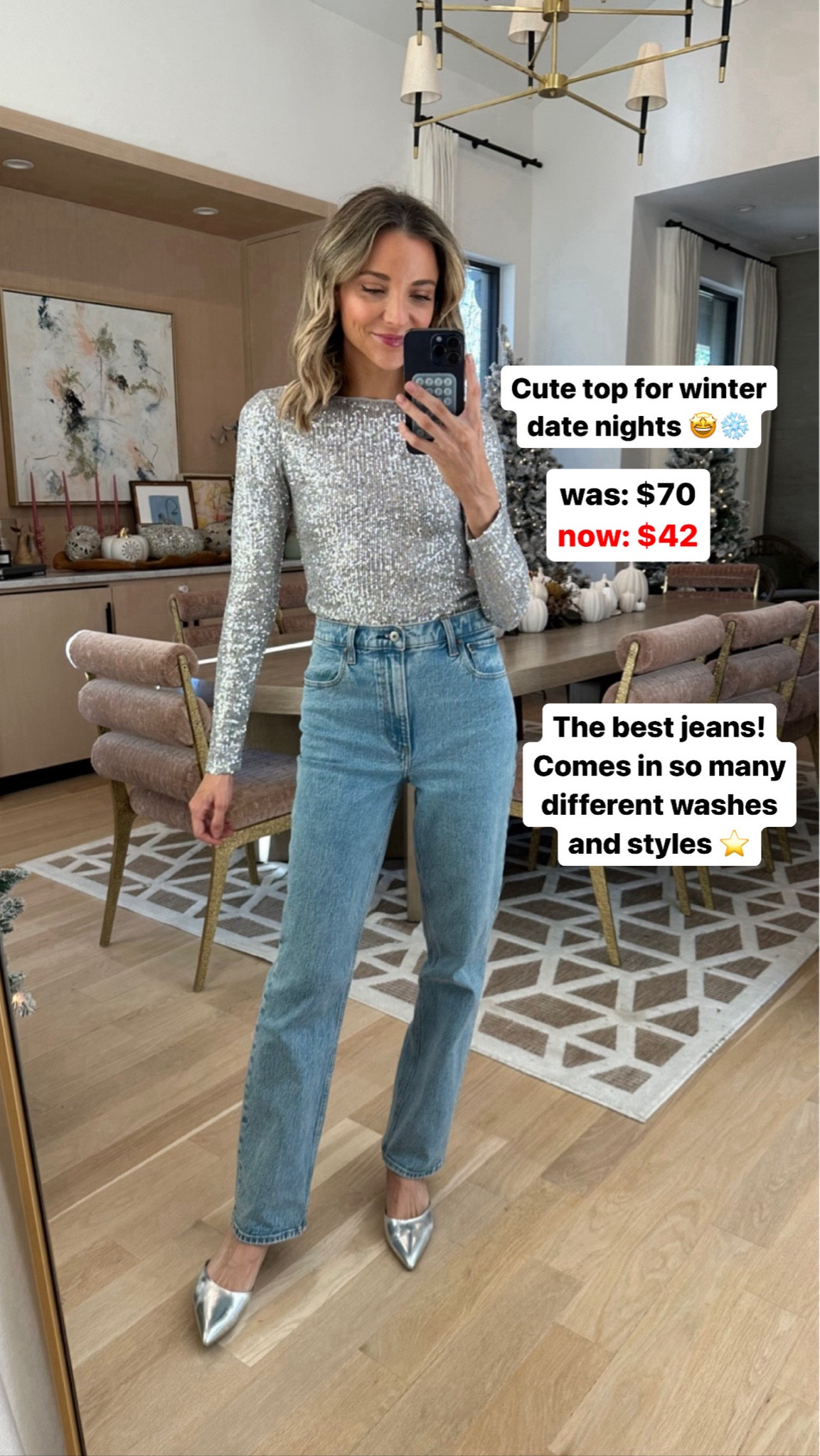 Boatneck sequin top and jeans from Abercrombie. These jeans are the BEST! Top is on sale. Everything runs tts 

#LTKsalealert #LTKfindsunder50 #LTKfindsunder100